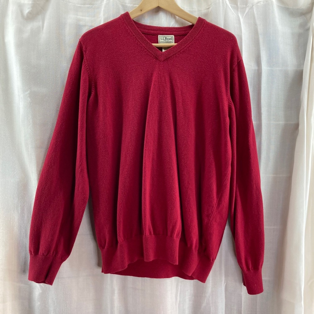 LL Bean Red V‎ Neck Sweater Cotton Cashmere Blend Classic Casual Comfort Preppy